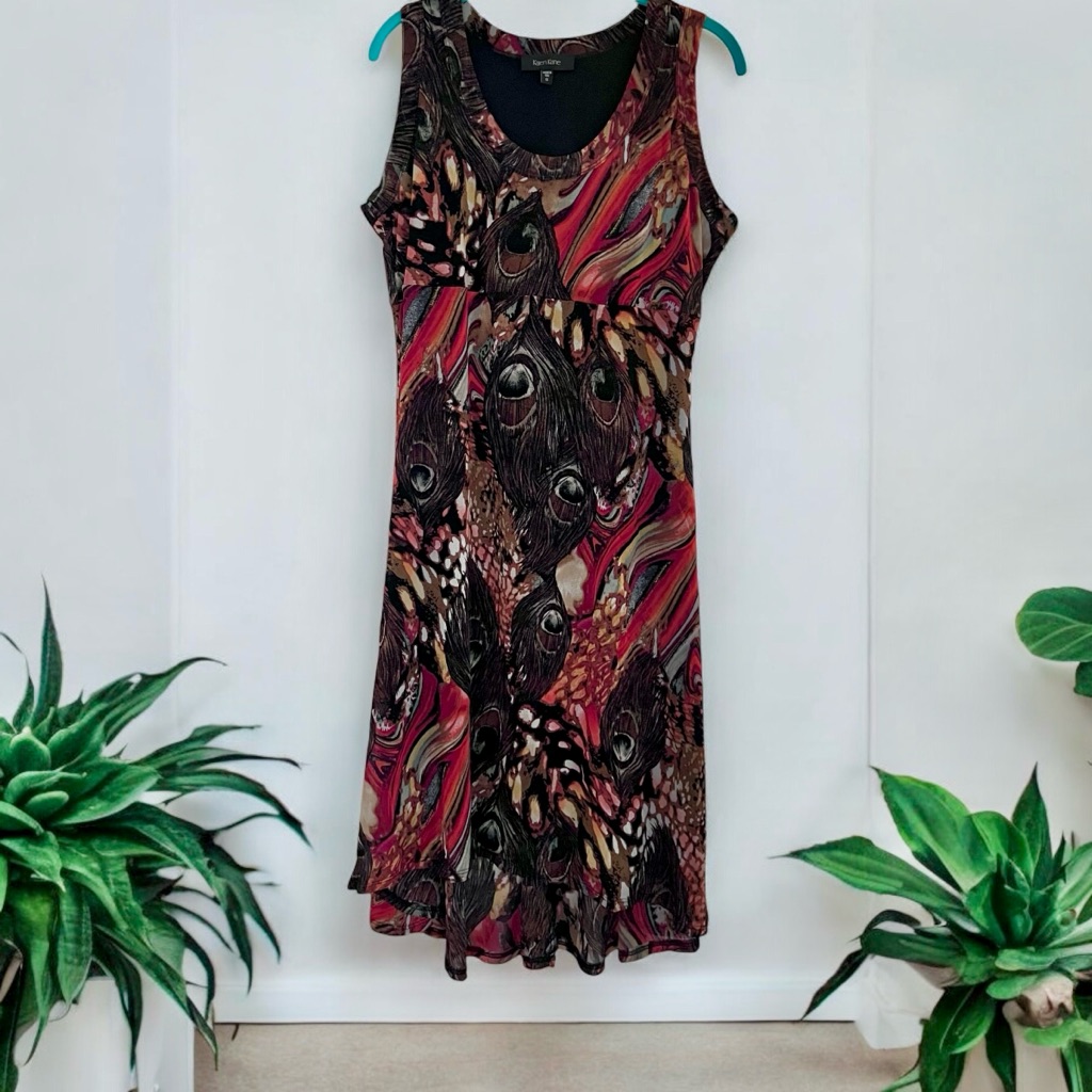 Karen Kane Sleeveless Scoop Neck Midi Hi-Lo Dress ~ Peacock Feather Design